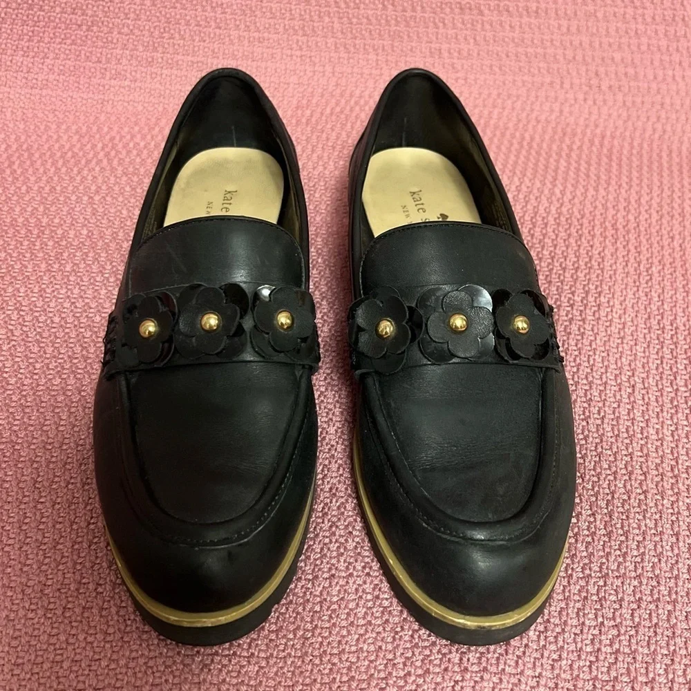 Kate Spade Karisa Black Leather Loafers, black floral/gold accent 7 1/2